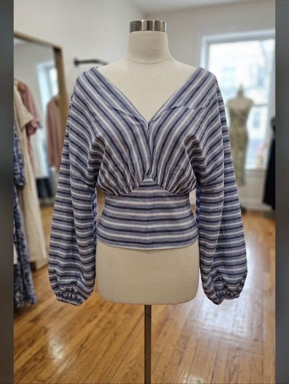Banana Republic Blue & White Striped V-Neck Blouse